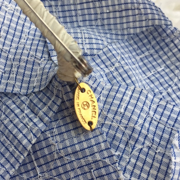 Chanel Blue Sequin Gingham Camellia Brooch Vintage - Picture 5 of 6